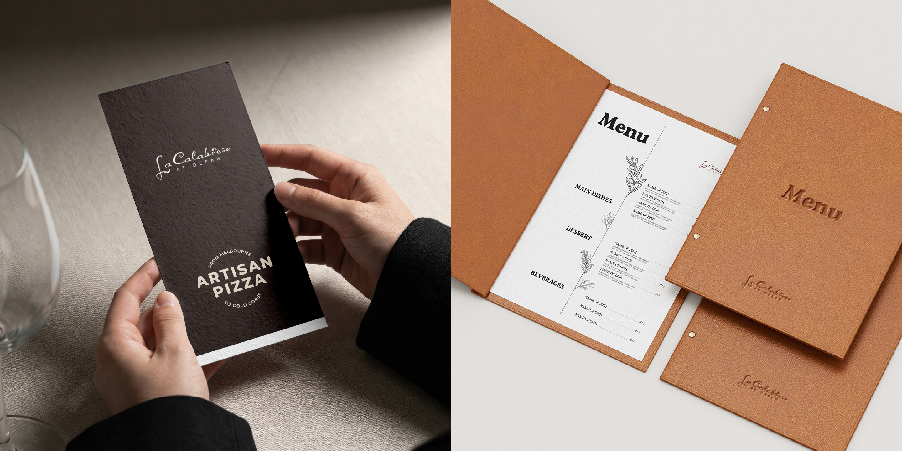 Mockup dei menu e della cartella porta-menu La Calabrese
